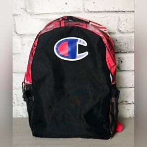 Champion Black Red Logo Backpack Retro Print School Bag with Side Pockets